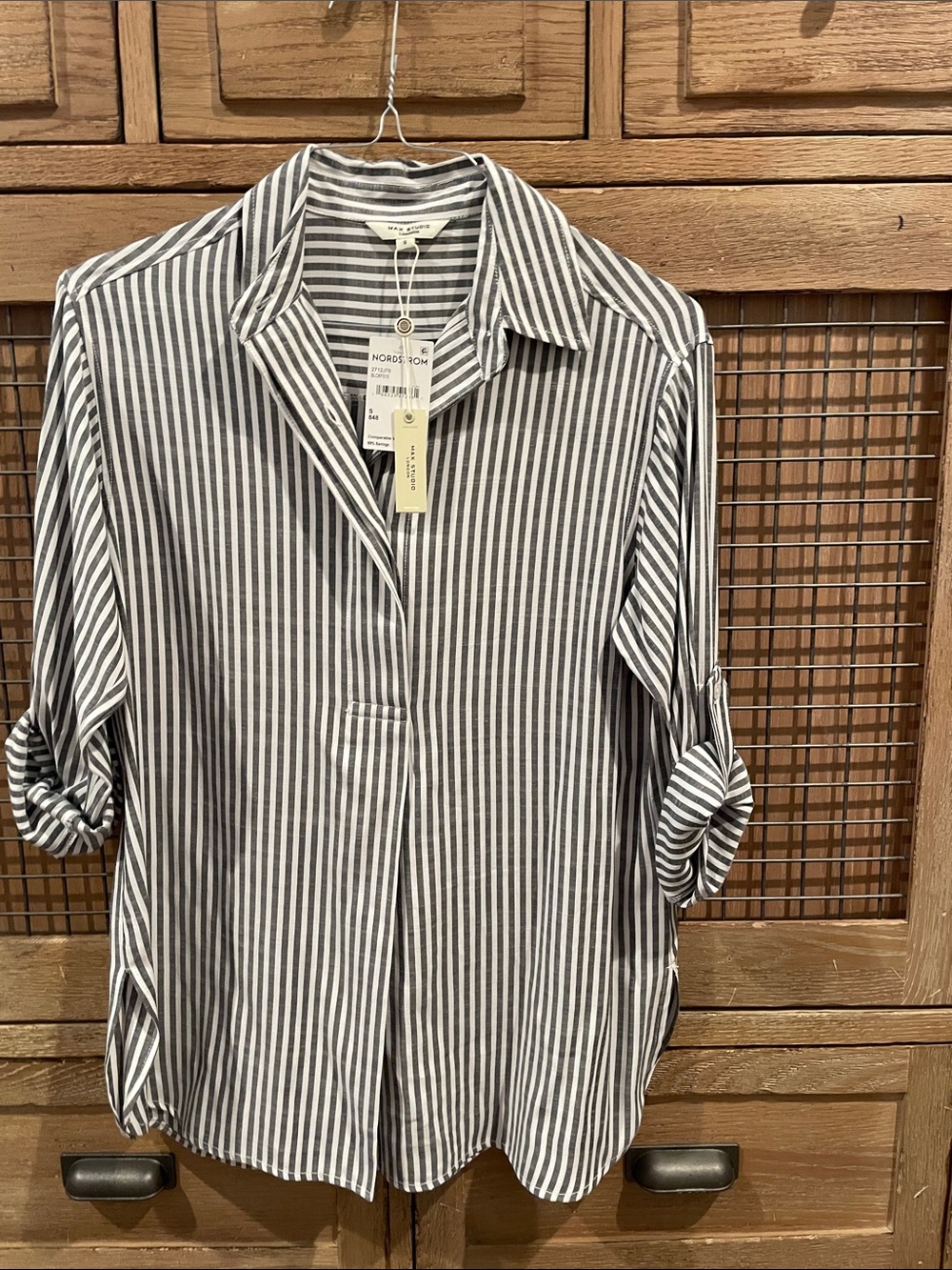 max studio Nordstrom Gray and White Striped Button-Up Shirt